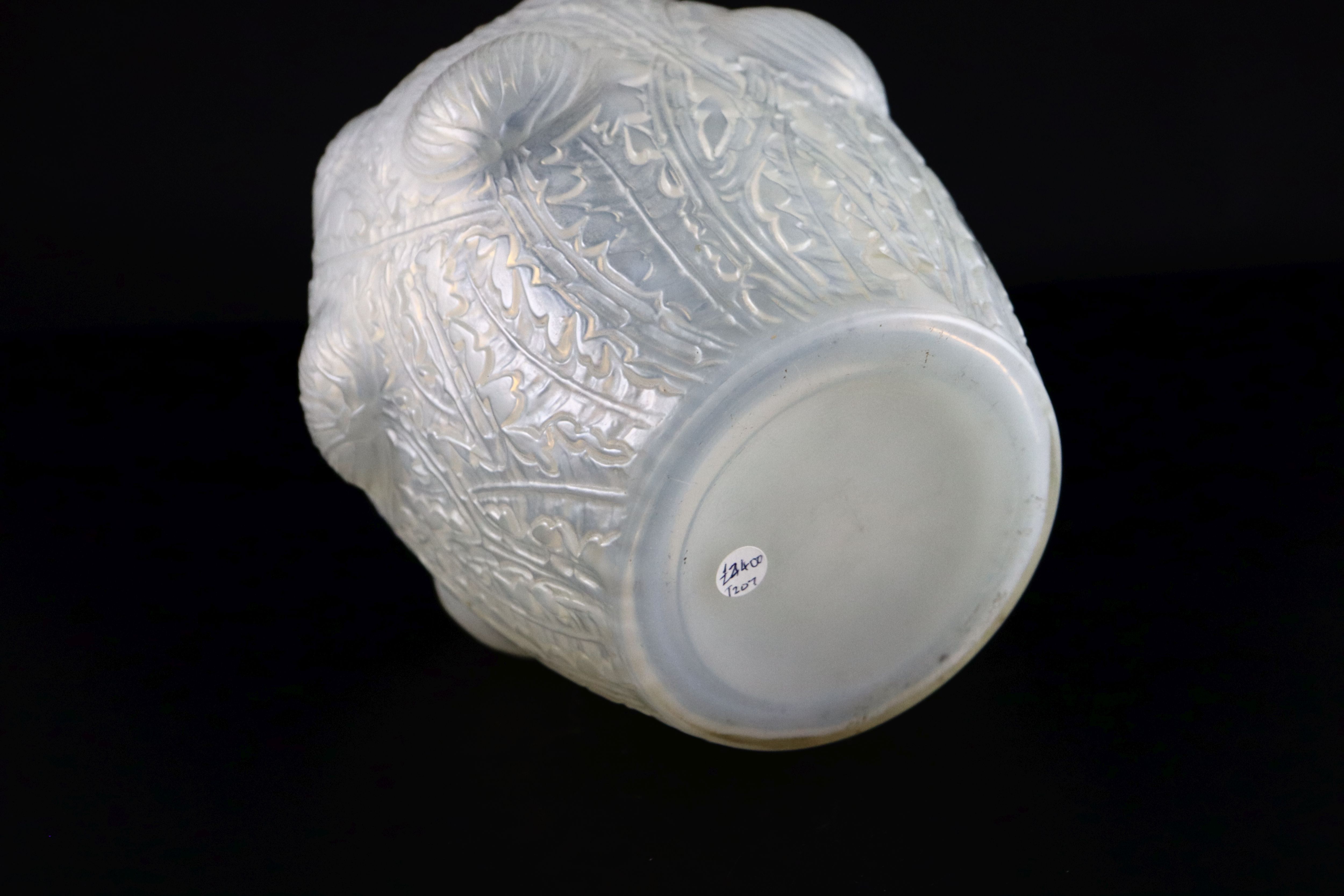 René Lalique. A pre-war pale opalescent and frosted glass Domremy pattern vase, no.979, designed in 1926, 21.5cm high